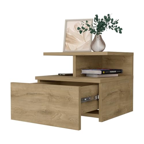 FM FURNITURE Augusta Floating Nightstand with 2-Tier Shelf and 1-Drawer, Macadamia - color: Macadamia