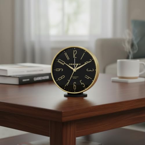 Crosley Modern Art Deco Alarm Clock for Office, Bedroom, or Desk – Analog Non-Ticking Clock with Easy-to-Read Dial, Gold Metal Frame & Black Face (6-Inch) - color: Gold Black