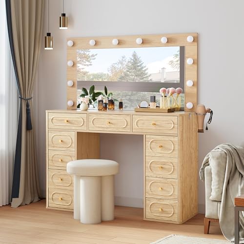 Fluted Vanity Desk with Mirror and Lights, Power Outlets, Modern Wood Vanity Desk Makeup Table with 11 Drawers, 3 Color Modes Dressing Table with Storage for Bedroom, Living Room, Natural - style: Natural