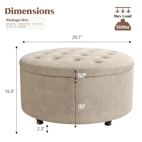 30 Inch Round Storage Ottoman,Modern Tufted Ottomans,Circular Coffee Table with Removable Top,Upholstered Large Ottoman with Storage Footrest Stool for Bedroom Living Room (Lightbrown) - color: Lightbrown, size: 30"D x 30"W x 16.9"H