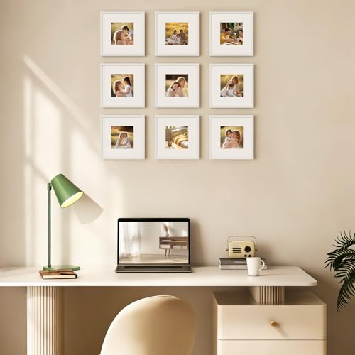 10x10 Picture Frame White Set of 9, Square Photo Frames Matted 6x6 with Plexiglass for 6x6 with Mat or 10x10 without Mat for Table and Wall Display - color: White, size: 10x10
