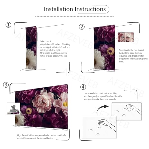 AFZEVEB-Dark Peony Floral Peel and Stick Wallpaper Purple Flowers Mural | Self adhesive paper,Bedroom,136"x100" - color: Z804, size: 136" x 100"