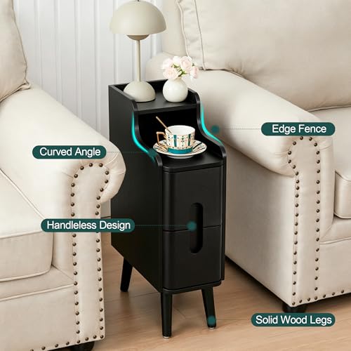Black Narrow Nightstand, Wood 2 Drawer Small Nightstand, Slim Side Table, Modern Skinny End Bedside Table, Wood Night Stand with Drawers for Bedroom (Black-1 pc) - color: Black-1 Pc