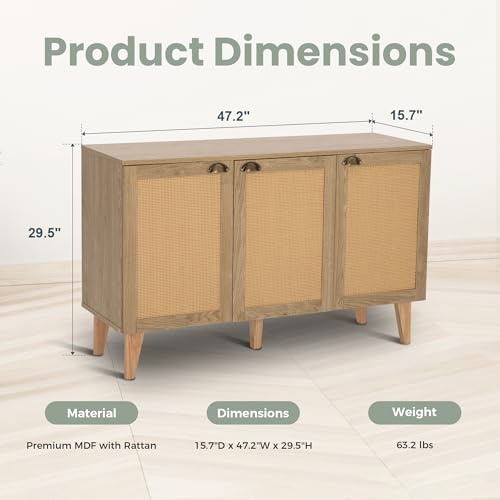 PHI VILLA 3 Door Rattan Cabinet, Buffet Sideboard Cabinets | Rattan Buffet Storage Cabinet Sideboard with 3 Wide Doors, Oversized Nightstands, Chest of Drawers for Entryway, Living Room - color: Rattan 1