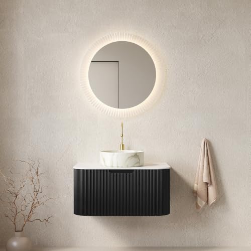30" Floating Bathroom Vanity with Sink, Wall Mounted Plywood Cabinet, Black Fluted Front, Sintered Stone Countertop, White Marble-Look Ceramic Vessel Sink, Soft-Close Drawer, Pre-Assembled - color: Black Cabinet / White Marble Sink, size: 30 Inch