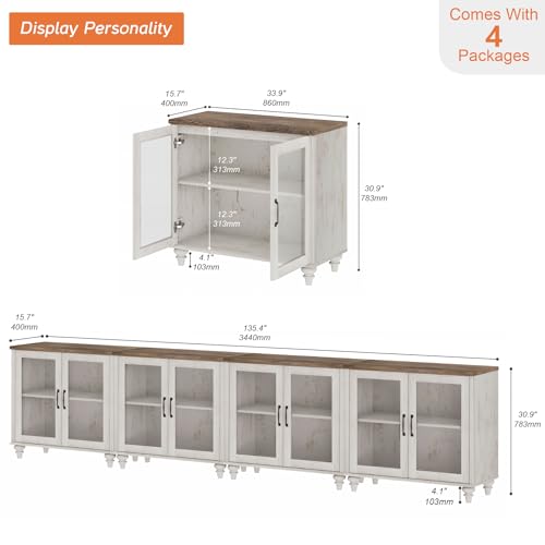 WAMPAT Farmhouse TV Stand for 100 Inch TV, Glass Door Universal TV Stand with 4 Storage Cabinets, Entertainment Center for 75/80/85/90 Inch TV, Console Table for Living Room, Bedroom, Rustic White - color: Rustic White-a, size: 4