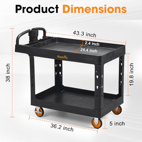 Extra Large Heavy Duty Plastic Utility Work Cart, 43.5 x 24.6 in | 550 lbs Capacity, Deep Tub Shelves, Ergonomic Handle, 5-Inch Casters, Rolling Service Cart, Tool Cart, Garage Warehouse Shop