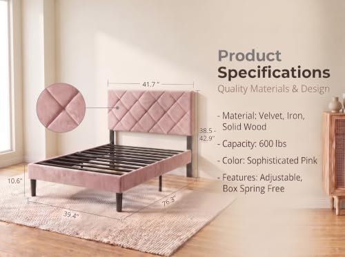 Twin Size Bed Frame with Adjustable Diamond Headboard,Velvet Fabric Upholstered Platform Bed,No Box Spring Needed, Easy Assembly, Noise Free, 600 lbs Capacity, Under Bed Storage for Small Space,Pink - color: Pink