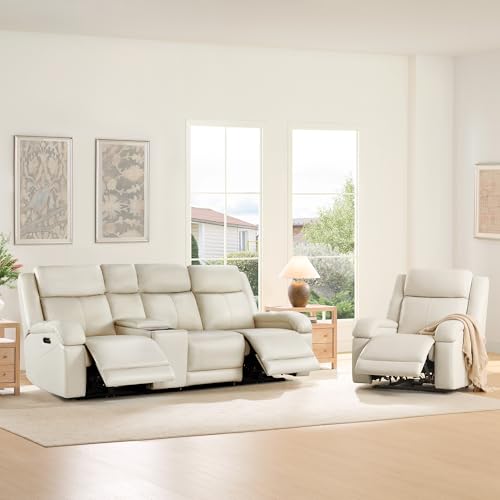 Watson & Whitely Wall Hugger Power Reclining Sofa with Console, Cream | Genuine Leather Recliner Sofa, Power Headrests, Center Storage Console, Cup Holders, 3-Seater Couch, Living Room & RV - color: Cream, style: 3 Seater Sofa (with console)