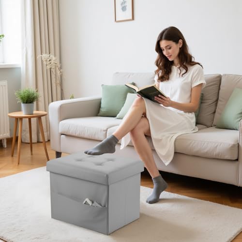Bsketa Storage Ottoman Bench,17 Inch Folding Leather Foot Rest Stool, Grey | Small Ottoman with Side Pockets, Thicker Foam Padded Seat, Livingroom, Dorm, Bedroom, Easy to install, 43L,17x13x13in - color: Grey-with Side Pockets.