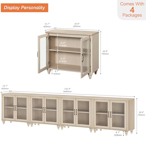 WAMPAT Large TV Stand for TVs up to 100 Inch, Beige Entertainment Center TV Console Table for 85/90/95/110 Inch TV, Accent Buffet Cabinet with Glass Door for Dining Room & Living Room - color: Beige-a, size: 4