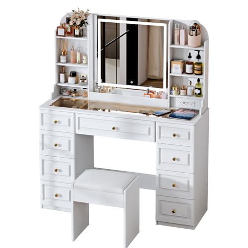 Arulvmrn 43" Makeup Vanity Desk with Mirror and Lights, & Power Outl, Glass Top Big Vanity Table with 9 Drawers& 8 Storage Shelves, Dressing Table Set with Chair for Bedroom, White - color: White