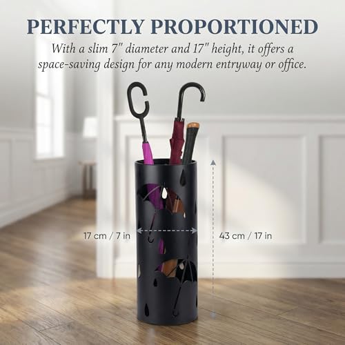BEWBBAT Metal Umbrella Stand Rack for Entryway, Black Round Free Standing Umbrella Holder Organizer Bin with 3 Hooks for Walk Stick, Home Office Indoor, 17 x 7 Inch