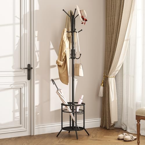 ELYKEN Coat Rack Freestanding, Metal Coat Rack with Umbrella Holder | 12 Hooks, Round Base, Heavy Duty Floor Standing Coat Tree for Entryway, Hallway, Living Room, Bedroom, Office, Black - color: Black