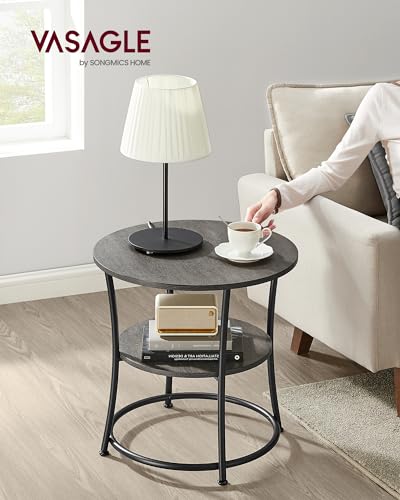 VASAGLE 21.7-Inch Round Side Table, 2-Tier End Table | Nightstand with Steel Frame, Spacious Top, for Small Spaces, Living Room, Bedroom, Misty Gray and Ink Black ULET056G68 - color: Misty Gray + Ink Black, style: Without Power Strip