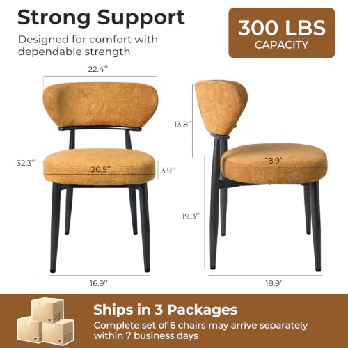 Dining Chairs Set of 6, Modern Upholstered Fabric Dining Chairs | Thick Cushioned Seat & Curved Back, Polyester Fabric, Sturdy Black Metal Legs for Kitchen & Living Room, Brownish yellow - color: Brownish Yellow, size: Set of 6