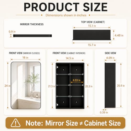 16x24 Black Medicine Cabinet with Mirror, Recessed & Surface Mount | Bathroom mirror with storage: 6 adjustable shelves fit tall bottles; DTC soft-close hinges; rust-resistant aluminum - size: 16" x 24"