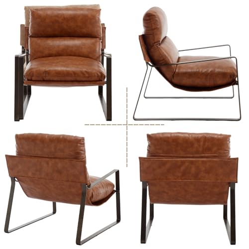 LukeAlon Modern PU Leather Accent Armchair, Brown | Pu Leather Upholstered Living Room Chair With Brass Frame & Thickened Cushion, Comfy Single Lounge Sofa for Bedroom, Office - color: Brown-lychee Grain