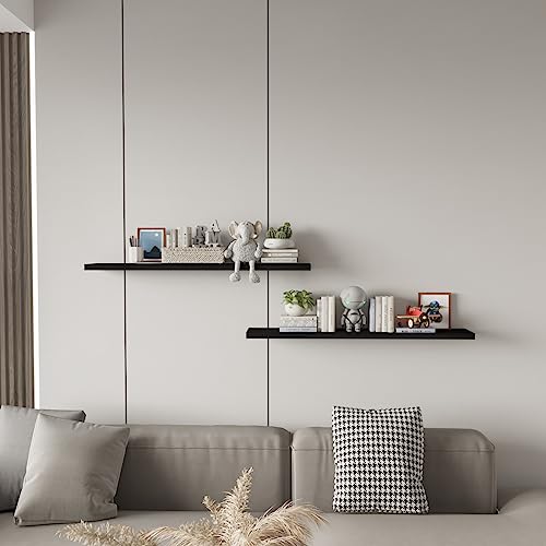 SAUMONIERES Floating Wall Shelves for Bedroom Bathroom Wall Mounted Solid Wood 36 Inches Long Shelf Set of 2, Black Floating Shelves - color: Black, size: 36 Inch-2 shelves