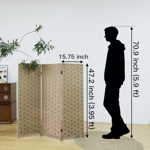 3 Panel Double Sided Short Room Divider for Room Separation, Light Brown Rattan Folding Privacy Screen, Freestanding Partition Screen for Home Office - 3.95 ft Tall - color: Light Brown, size: 3 Panel