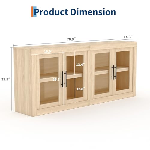 Garvee 65.34" Sideboard Buffet Cabinet, 4 Glass Doors, Natural | Tempered Glass Display Doors, Mid-Century Style, Adjustable Shelves, Elegant Coffee Bar, Durable Frame, Easy Assembly - color: Natural, size: 4 Glass Doors