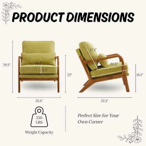 Karl home Mid-Century Modern Accent Reading Chair, Green | Corduroy Upholstered, Solid Wood Frame, Soft Cushion, Lumbar Pillow, Lounge Armchair for Living Room, Bedroom, Balcony, Study - color: Corduroy Green