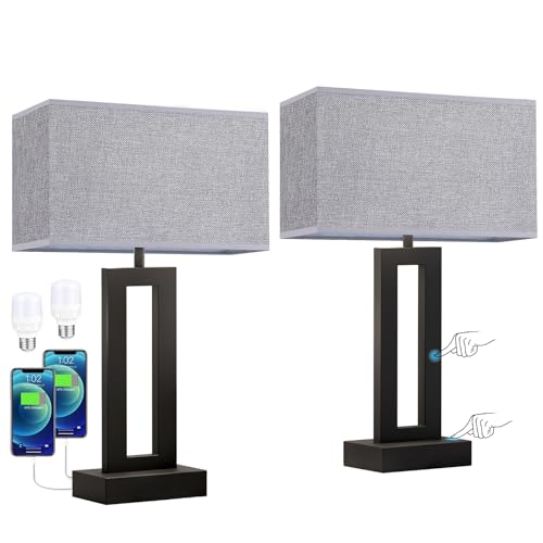 Seealle Nightstand Table Lamps for Bedrooms Set of 2 - Touch Bedside Lamp with USB C+A, 3 Way Dimmable Living Room End Tables 2, Modern Night Stand Bed Side Guest Room(Grey) B. Grey - color: B. Grey&Black, size: Medium(19.6in)