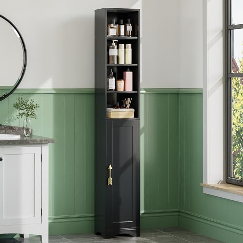VECELO 71" Tall Narrow Storage Cabinet, Bathroom Storage Slim Freestanding Cabinet with Door & 6 Adjustable Shelves, Anti-Tip Design for Small Space, Kitchen, Living Room, Black - color: Black