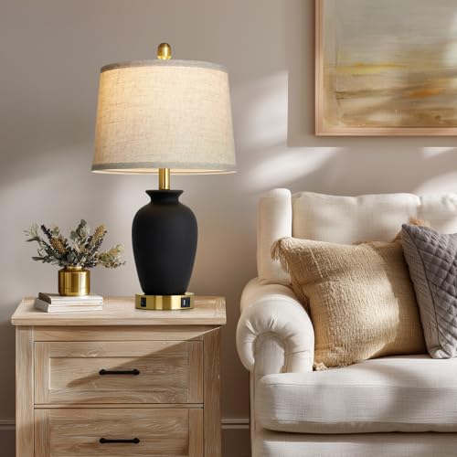 23" Set of 2 Black Ceramic Farmhouse Table Lamp with Ginger Jar Design, Bedside USB Lamps for Living Room,Dining Room,Bedroom,Office,Nightstand,End Table - color: Black