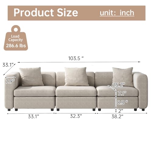 Miuuod 3 Seaters Extra Large Sectional Sofa for Living Room,3 Seats for Small Room,Broad Seater Convertible Couch,Soft Sofa Bed,Oversized Deep Seat Retro Couche Bedroom Beige - color: Beige, style: 3 Seats(3 Seats only)