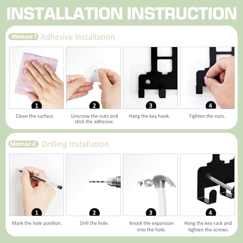 Key Holder Wall Mount, Adhesive Key Hanger with 10 Hooks, Black | Metal Material, 2 Mount Options, Compact Design, Cute Wall Decoration, Suit for Entryway, Doorway, Hallway, RV, Garage - style: 10 Hooks