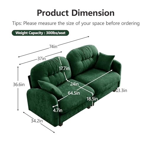Modular Loveseat Sofa Mini Couch with Premium Chenille Fabric and Tufted Pleated Backrest Flexible Small Couch for Bedroom and Living Room Ergonomic 2-Seater Sofa for Adults and Compact Spaces (Green) | Sturdy & Durable - color: Green