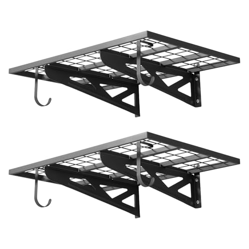 VEVOR 2-Pack Heavy Duty Garage Wall Shelving, 2 x 3 ft Steel Wall Mounted Shelving Unit with Hooks, 24 x 36 Inch Per Shelf Floating Storage Metal Rack for Garage, 500 lbs Total Weight Capacity - size: 2×3 ft