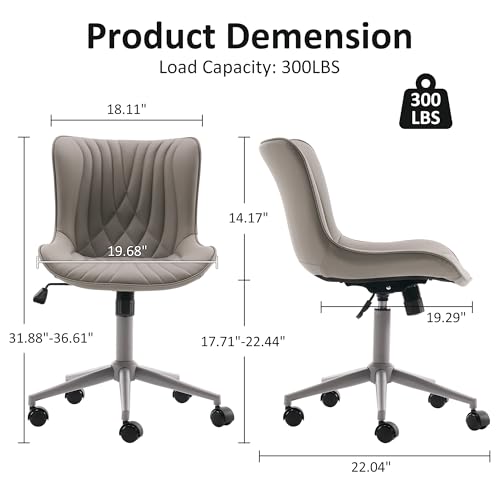 YOUTASTE Grey Armless Office Chair, Modern Adjustable Swivel Desk Chair with Wheels, Upholstered PU Leather, Gray Metal Legs, Back Support for Home Office, Study, Vanity, Bedroom - color: All Grey