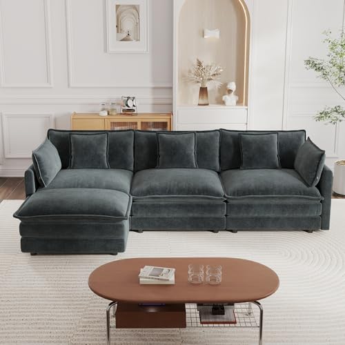 Modular Sectional Sofa, 111.5 Inch L Shaped Couch Set for Living Room, 3-Seater Comfy Cloud Couches with Movable Ottoman, DIY Combination, Chenille, Grey - color: Grey, size: 111.5 Inch- L