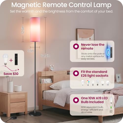 Dimmable Pink Floor Lamp for Living Room with Remote and Foot Switch, Corner Floor Lamp for Bedroom, 64.4" Standing Tall Lamp, 10W 900LM Bulb Included, 3000K-6500K, Linen Shade, FCC Listed P06LD05W1 - color: Pink