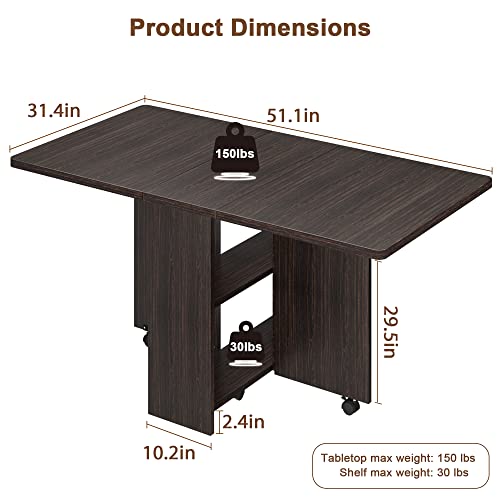 Folding Dining Table with 2-Layer Storage Rack, Drop Leaf Tables, Black | Small Spaces, Foldable Dining Table with 3 Wheels, Kitchen Table, Dining Room - color: Dark Walnut, size: 50.1"D x 31.4"W x 29.5"H