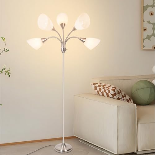 Floor Lamp, 5 Adjustable Neck Heads with Lampshades, Multi-Light Standing Reading Lamp for Living Room, Bedroom, Office - color: Satin Nickel