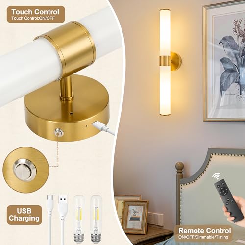 Morauroral Gold Battery Operated Wall Sconces Set of 2, Rechargeable Wall Lights with Remote Control, 20 Inch Modern Wireless Wall Lamp for Bedroom, Living Room (Bulbs Included) - color: Gold(White Glass)