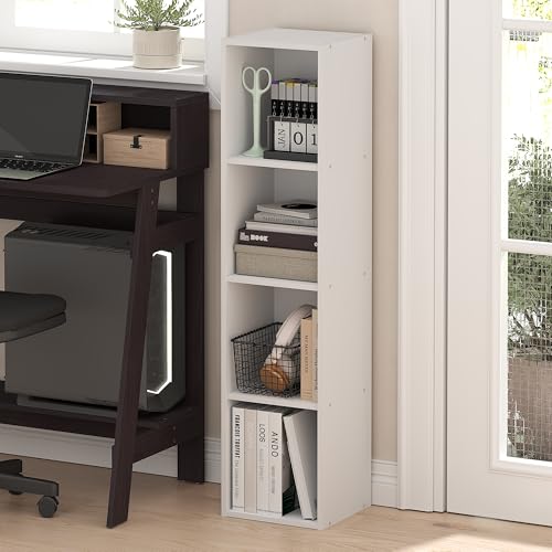 Furinno Fulda Book Shelf, 4-Tier Narrow Bookshelf, Standing Bookcase with 10-in Width Storage Shelf, 9.3 x 9.8 x 41.6, for Organization and Storage, for Living Room, Bedroom, Home Office, White - color: White, size: 4-Tier, 10W