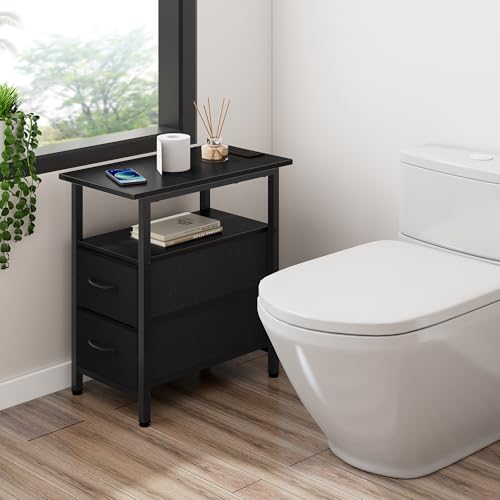 Set of 2 Black Nightstand with Charging Station and LED Lights, Narrow Side Table, LED Night Stand with 2 Fabric Drawers, Bedside Table Small End Table, Tall Nightstand for Bedroom, Black - color: Black, size: 2, style: With LEDs