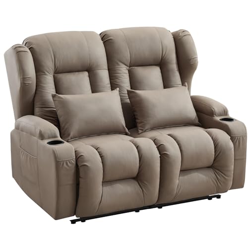 Loveseat Recliner Sofa,RV Wall Hugger Recliners for Small Spaces,Reclining Loveseat Sofa Recliner with Cup Holders/Lumbar Pillows,RV Furniture (Khaki, 56" 2-Seater) - color: Khaki, size: 56" 2-Seater