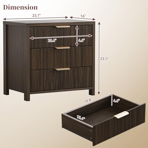 Fluted Nightstand, 23.7'' Wide Night Stand with 3 Drawers, Mid-Century Modern Bedside Table with Handles, Wood End Table for Bedroom, Brown - color: Brown