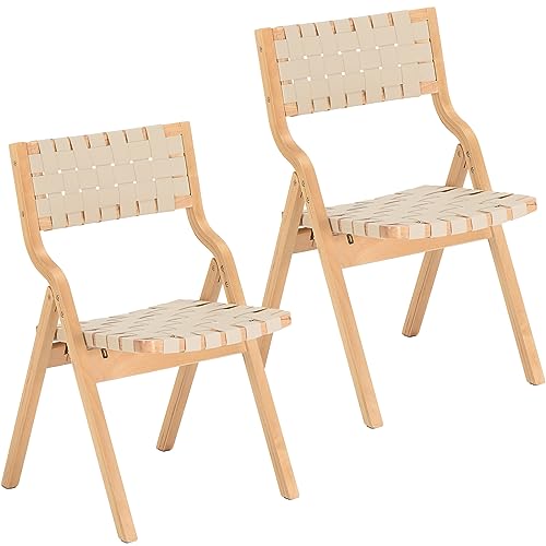 Wood Folding Chairs, Foldable Chairs Wooden Indoor Stackable Dining Chairs for Kitchen & Dining Room Chair Woven Seat & Webbing Back, Dining Chair Set of 2 - color: Beige/Natural, Pu Leather