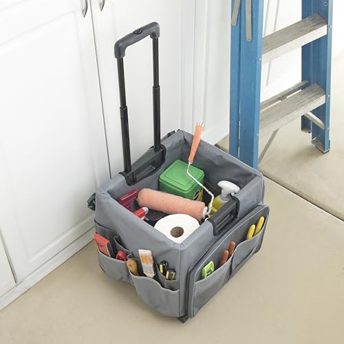 Folding Mobile Utility Cart, Canvas Organizer Bag, Dark Grey/Grey | Durable plastic, 30 compartments, adjustable handle, 40 lb capacity, collapses to 3" thick, rolling wheels for easy transport - color: Dark Grey/Grey