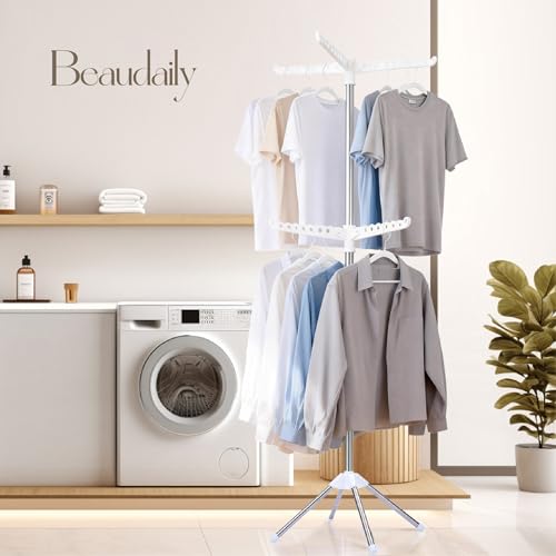 Beaudaily Clothes Drying Rack, Foldable 74.8-Inch Laundry Drying Rack, Indoor 2 Tier Drying Rack Clothing with Rotatable Arms, Stainless Steel, Holds 54 Pieces, Space Saving, White and Silver - color: White + Silver, size: 2-Tier
