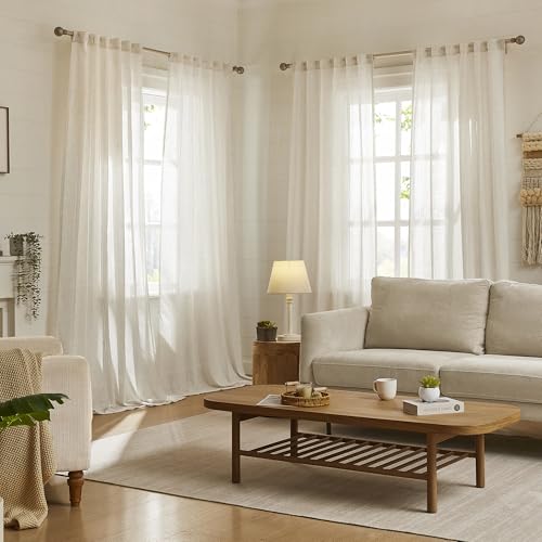 MYSKY HOME Natural Linen Boho Curtains for Living Room 84 Inches Long Light Filtering Semi Sheer Privacy Drapes for Bedroom, Farmhouse Rustic Hollowed-Out Home Decor Back Tab, 50" W×84" L, 2 Panels - color: Linen, size: 50"W x 84"L (Pack of 2)