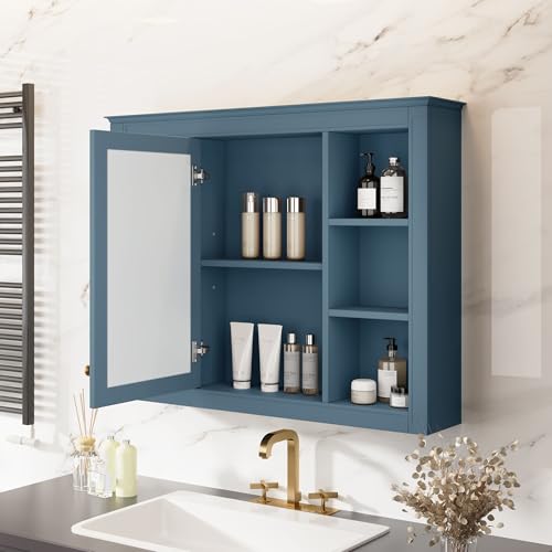 Wall Mounted Medicine Cabinet, Bathroom Storage Cabinet with Mirror Door and 6 Adjustable Open Shelf (7.3" D x 35" W x 27.5" H) (Indigo Blue) - color: Indigo Blue