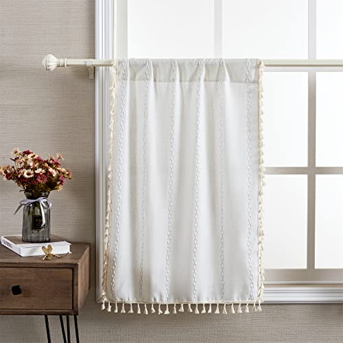 RoomTalks White Boho Farmhouse Kitchen Curtains 36 Inch Length French Striped Modern Vintage Chic Textured Tassel Short Cafe Curtains for Small Window Kitchen Bathroom Bohemian Decor - color: White, size: 24"W x 36"L (Pack of 2)