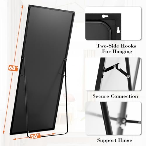 Sweetcrispy 65"x24" Full Length Mirror, Standing Full Body Mirror, Black | Aluminum Alloy Thin Frame, Floor or Standing, Suitable for Bedroom, Living Room, Cloakroom - color: Black-rectangle, size: 65"L x 24"W
